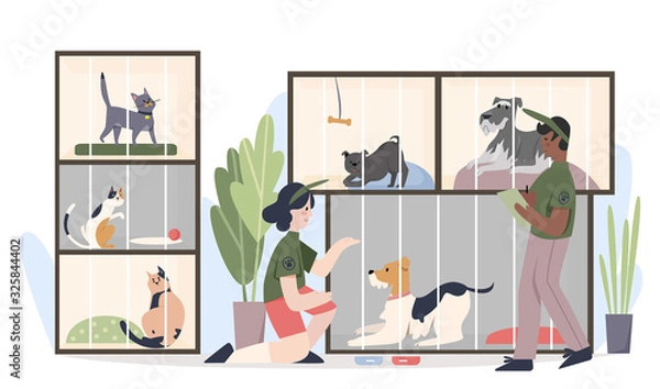 Fototapeta Animal shelter with pets in cages. Man and woman volunteers feeding animals cartoon flat vector illustration