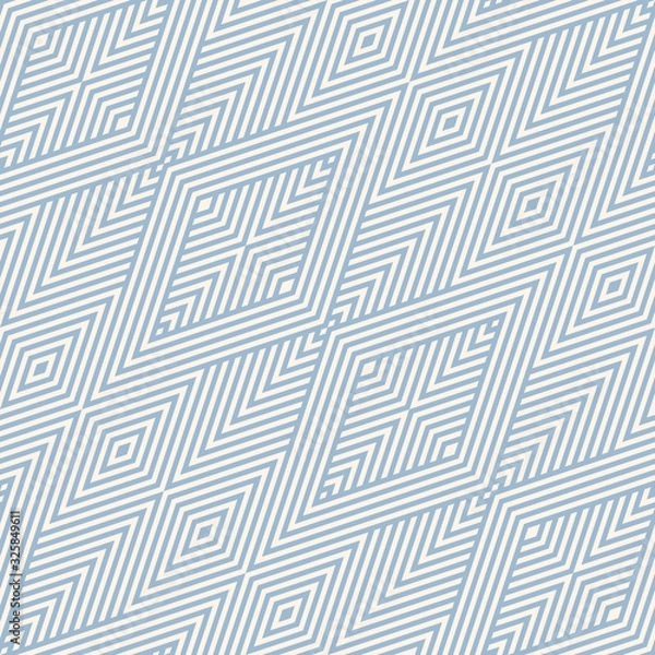 Fototapeta Vector geometric linear seamless pattern. Texture with stripes, diagonal lines, rhombuses. Abstract graphic design. Background in retro vintage colors, soft blue and beige. Repeat geometry design