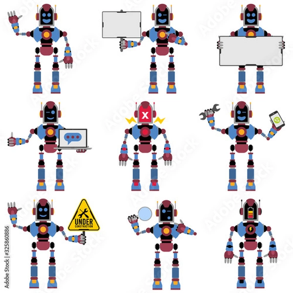 Obraz A cute mascot blue robot with different poses collection 03. Flat design style.
