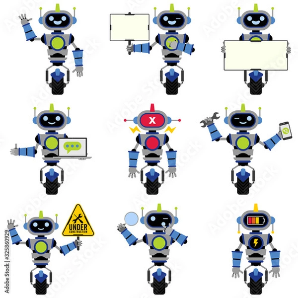Obraz A cute mascot grey robot with different poses collection 01. Flat design style.