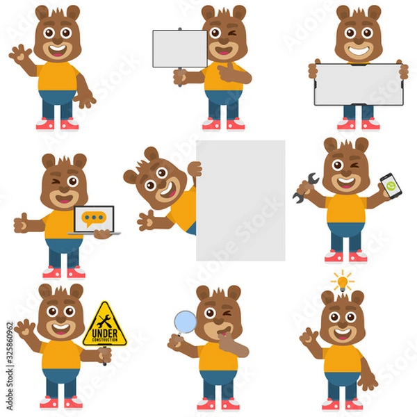 Obraz Adorable bear with different poses set 01. Flat design style.