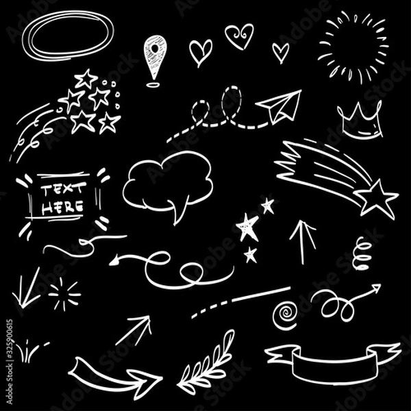 Fototapeta hand drawn set of abstract doodle elements. use for concept design. isolated on black background. vector illustration