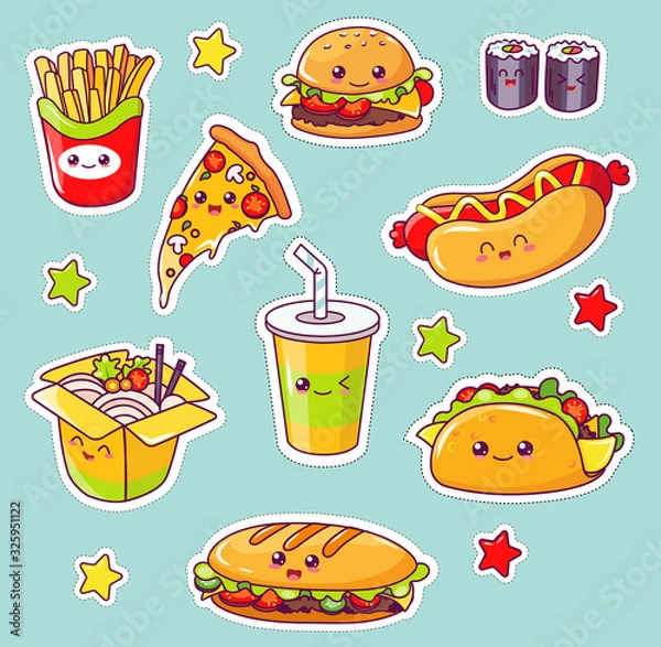 Fototapeta Fast Food Flat Cartoon Vector Illustration. Eating Out. Quick Way to Have Meal. Pizza, Taco, Beverage, French Fries, Noodles, Hamburger and Sandwich, Soda Water, Sushi Rolls. Junk Eating.