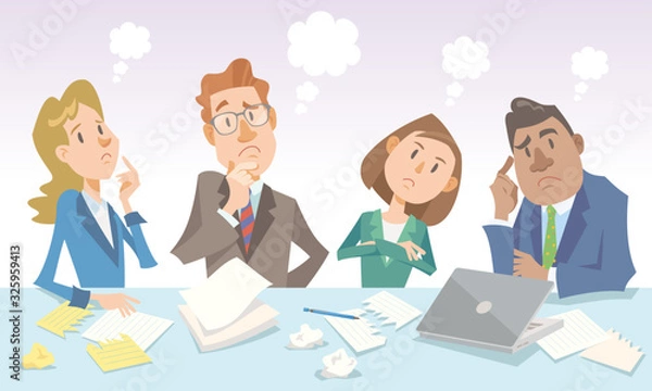 Fototapeta 問題を抱えて会議に臨むビジネスチーム。考えが行き詰まる、またはストレスを感じているコンセプト。フラットなカートゥーンスタイルのベクターイラストレーション。