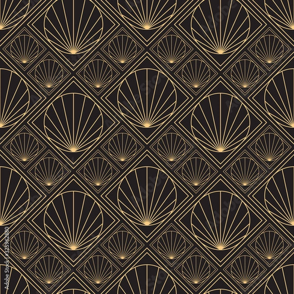Obraz Gold pattern for perfume. Linear geometric Art Deco bricks. 20s retro style. Luxury seamless pattern. Packaging or menu design. Vector. Golden tiles.