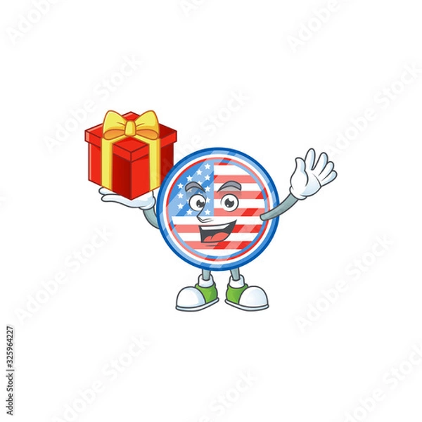 Fototapeta cartoon character of circle badges USA with a box of gift