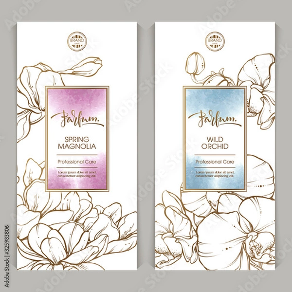 Obraz Stylowe perfumy z graficzną ilustracją kwiatów magnolii i orchidei na abstrakcyjnym tle akwareli.