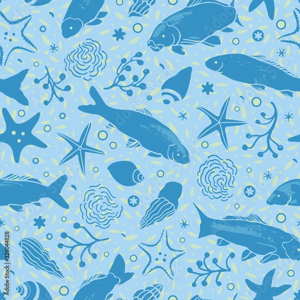 Fototapeta Sealife linocut style pattern with fish, starfish, seaweed and wavein blue tones on textured background. Summer beach pattern. Surface pattern design.