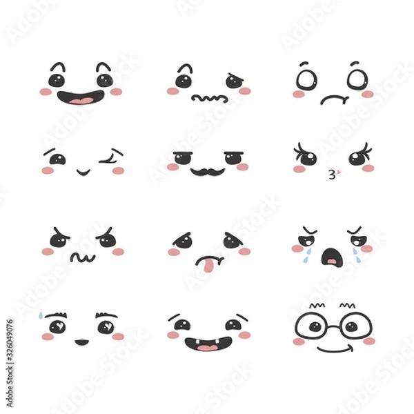 Fototapeta Set of cartoon kawaii faces, different emotions. Vector illustration.