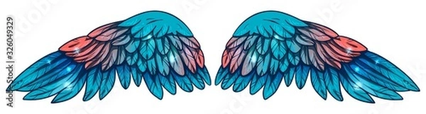 Fototapeta Beautiful magic shiny blue wings with pink feathers, vector