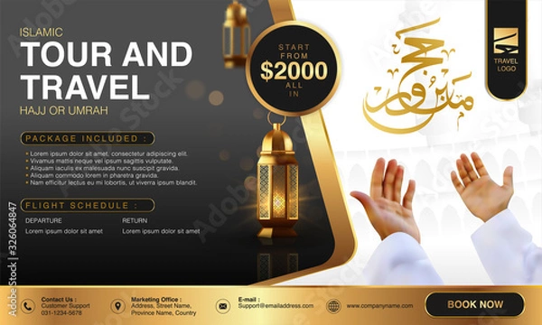 Fototapeta Islamic Ramadan Hajj & Umrah Brochure or Flyer Template Background Vector Design With praying hands and mecca Illustration in 3D realistic design.