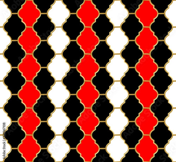 Obraz Mesh Harlequin ornament. Golden metallic grid with black, white and red cells. Abstract seamless pattern for interior decoration, design packaging and textile etc. Vector illustration