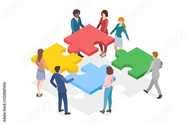 Obraz Isometric Teamwork Partnership Leadership flat design vector illustration. Team of People work gathering four Parts of Puzzle.