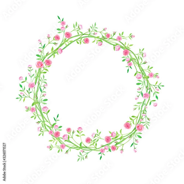 Fototapeta 小さい薔薇、蔓タイプの丸い装飾フレーム。水彩イラスト。