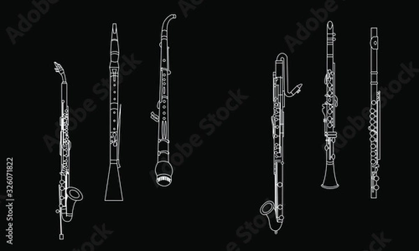 Obraz White outline alto clarinet, oboe, English horn, bass clarinet, soprano clarinet and flute, the contour of musical instruments on a black background