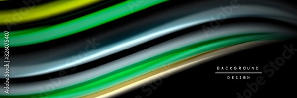 Fototapeta Silk and smooth flow wave poster design. Color waves, liquid style lines and shapes in black color background