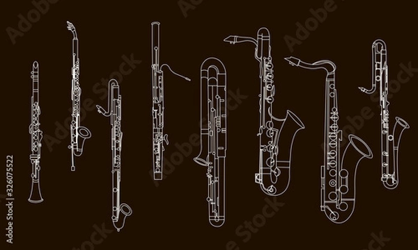 Obraz White outline various musical instruments, the contour of clarinets, oboe, saxophones, bassoon and contrabassoon on a black background