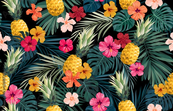 Obraz Bezszwowe ręcznie rysowane tropikalny wektor wzór z egzotycznymi palmami, kwiatami hibiskusa, ananasami i różnymi roślinami na ciemnym tle.