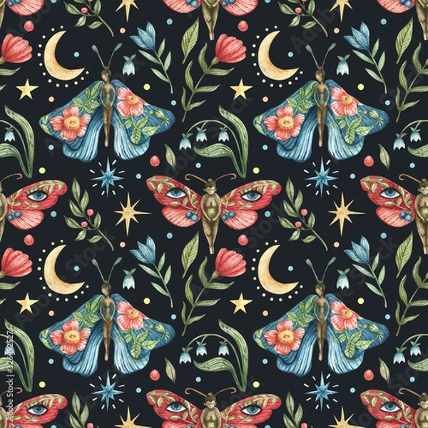 Obraz Watercolor occult seamless pattern. Illustration of butterflies-girls, flowers, branches, leaves, berries, moon, night stars.Black background.