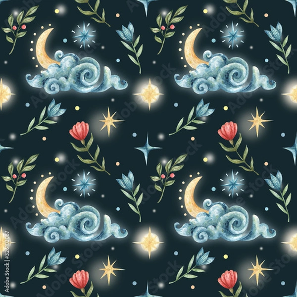 Obraz Watercolor seamless pattern in occult style. Illustration of night sky with clouds, stars, moon and flowers.