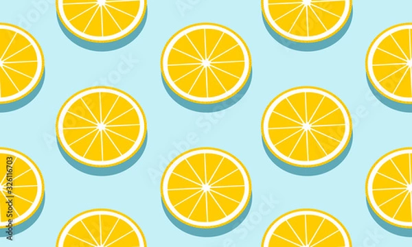 Fototapeta Seamless blue background with grapefruit slices with shadow. Vector fruit design for pattern or template.
