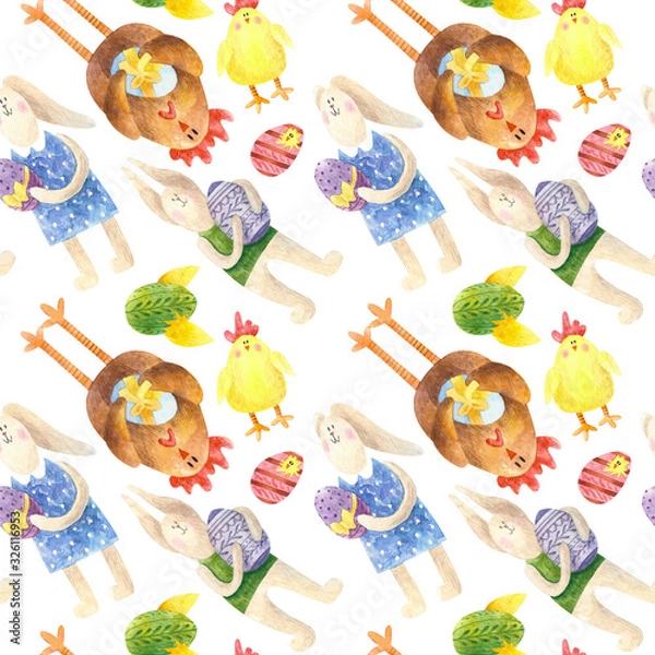 Obraz seamless pattern with hens, easter hares, chickens, colored eggs