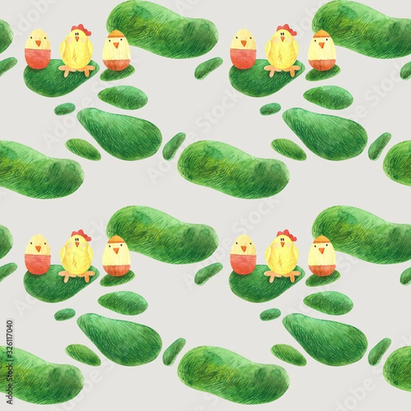 Obraz seamless pattern with yellow chickens on grass bunches