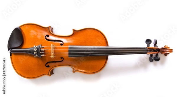 Obraz Alte schöne bespielte Geige / Violine - liegend mit weißem Hintergrund und Schatten