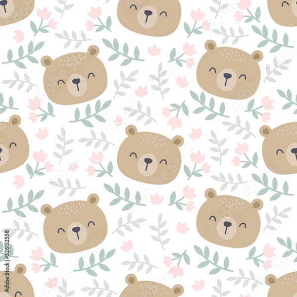 Obraz Cute bear and floral seamless pattern background