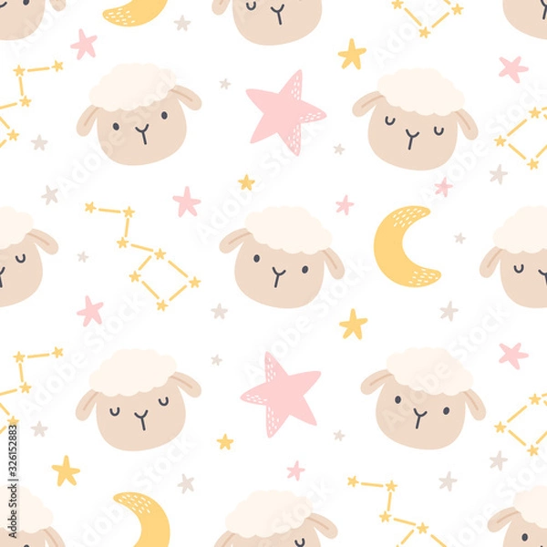 Obraz Cute sheep with moon and stars seamless pattern background