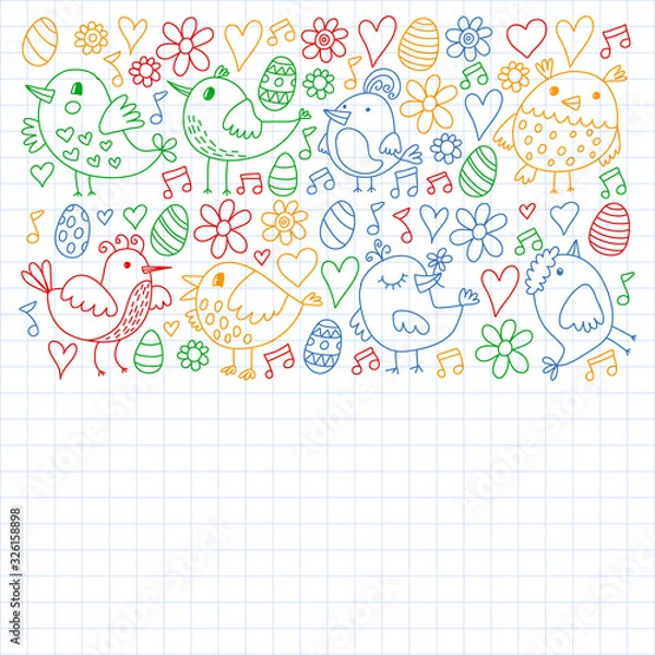 Obraz Pattern kids fabric, textile, nursery wallpaper. Vector illustration. Hand drawn singing birds and flowers for little children.
