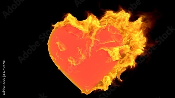 Fototapeta Heart shape with realistic fire. Burning symbol with flames. Abstract valentine's day background. 3d rendering.