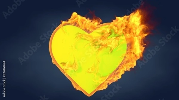 Fototapeta Heart shape with realistic fire. Burning symbol with flames. Abstract valentine's day background. 3d rendering.