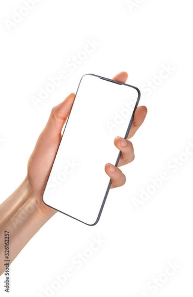 Fototapeta In the female left hand is a phone with a blank screen.