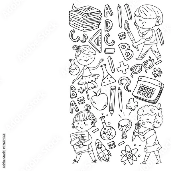Fototapeta Cute school children. Imagination and creativity. Play and learn, singing, dancing, reading, drawing.