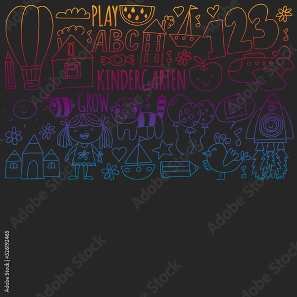 Fototapeta Vector pattern for kindergarten banners, posters with moon, planet, spaceship, rocket, sun, fruits, house, flowers. Creativity and imagination.