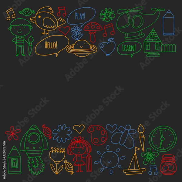Fototapeta Vector pattern with little children. Kindergarten, play and grow together. Icons of toys and kids in doodle style