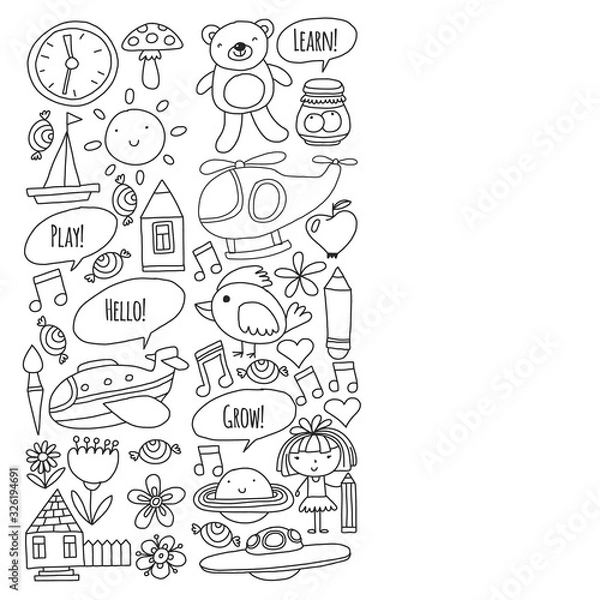 Fototapeta Vector pattern with little children. Kindergarten, play and grow together. Icons of toys and kids in doodle style
