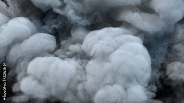 Fototapeta Realistic cloud fog on black background. White smoke pollution isolated on dark background. 3d rendering.