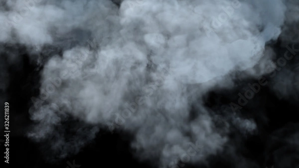 Fototapeta Realistic cloud fog on black background. White smoke pollution isolated on dark background. 3d rendering.