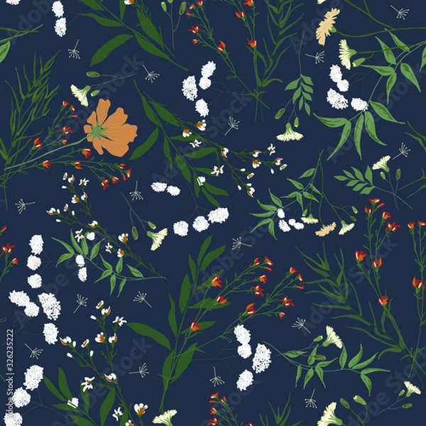 Fototapeta Blossom floral seamless pattern. Blooming botanical motifs scattered random. Trendy colorful vector texture. Good for fashion. Ditsy print. Hand drawn different wild meadow flowers on blue background
