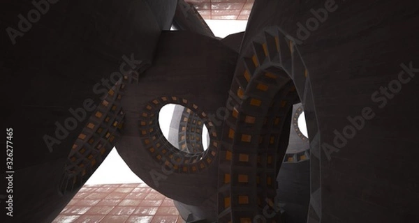 Fototapeta Abstract architectural rusted metal interior with concrete discs . 3D illustration and rendering.