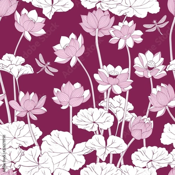 Fototapeta Lotus flowers seamless pattern with Burgundy background.Floral vector monochrome drawing.