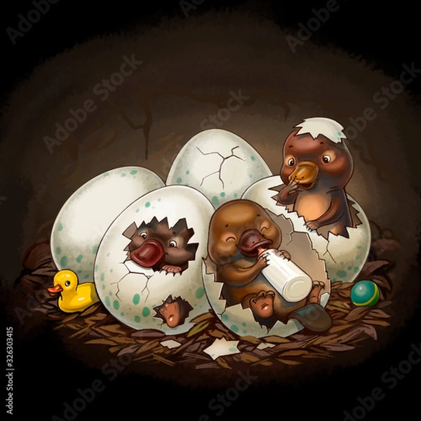 Obraz three little platypuses, in a nest, eating milk