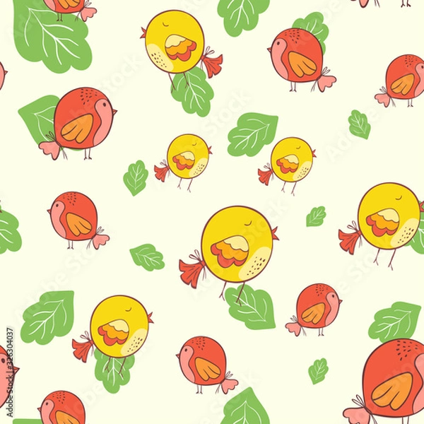 Fototapeta Bird seamless pattern. Background with cute hand drawn bird doodles. vector. for wallpaper, pattern fills, web page background, surface textures.