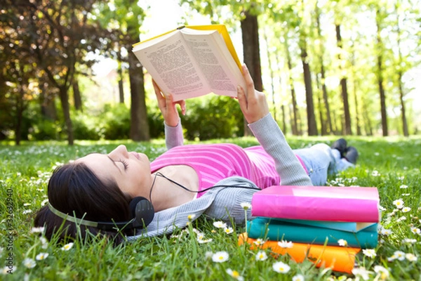 Obraz relaxing in nature with book and music
