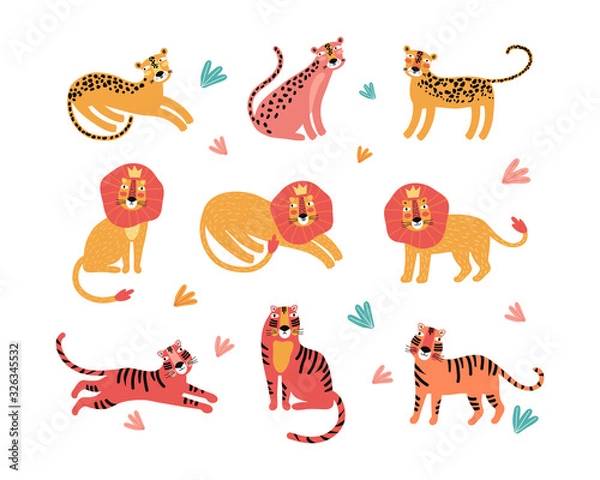Fototapeta Set of wild cats, leopard, lion, tiger. Flat vector illustration. Wild exotic animals. Set for animation. Cute animal characters for design of printed material and t-shirt, poster, postcard, sticker.