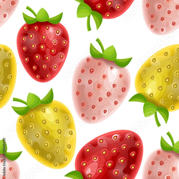 Fototapeta Seamless and endless Botanical pattern background decorated with yellow, white and red strawberries and green leaves on white background, vector eps 10 illustration