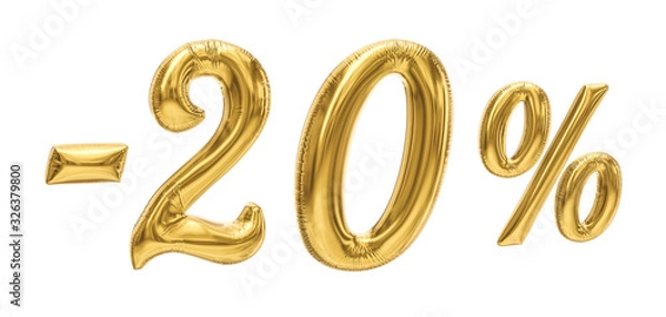 Fototapeta 20% discount sale promotion off gold ballons number 3d rendered isolated on white background.	