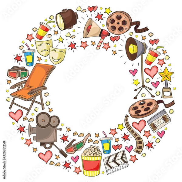 Obraz Vector pattern with cinema icons. Movie Theater, TV, popcorn, video clips, musical